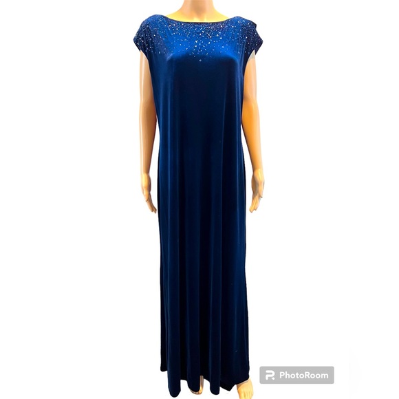 J.R Nites Vintage 90’s Velvet Sleeveless Beaded Maxi Dress Women Navy Sz 14W NWT - Picture 1 of 11